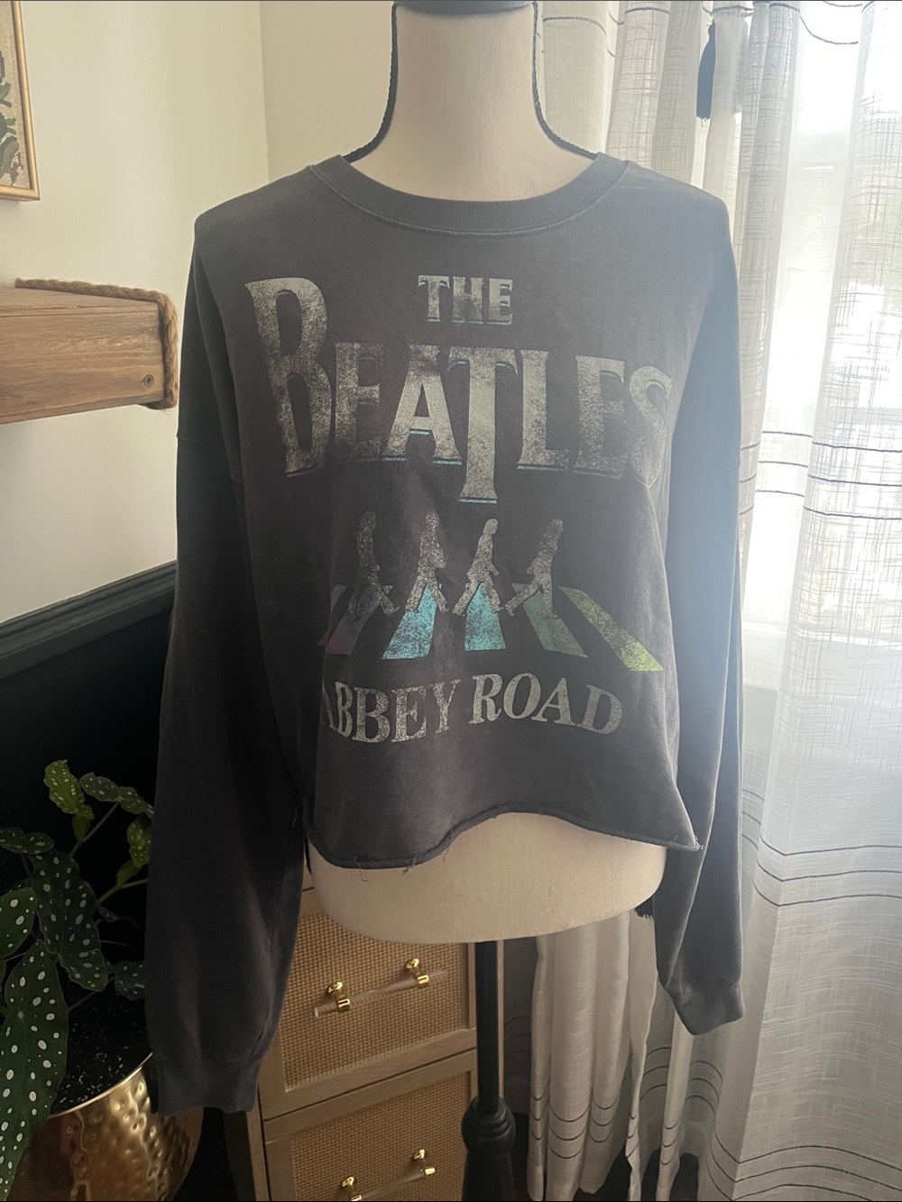 The Beatles Abbey Road Graphic Cropped Black Sweatshirt